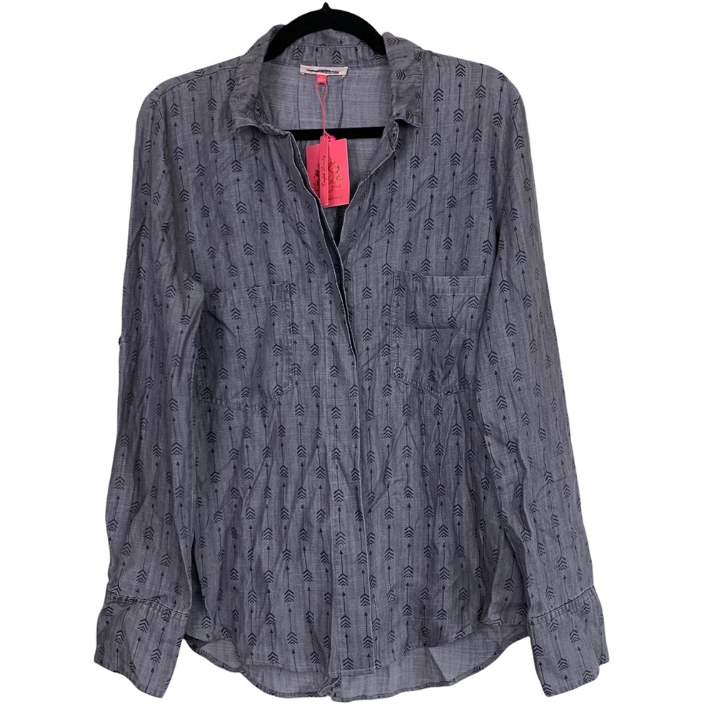 English Laundry Gray Arrow Printed Lightweight Button Front Tencel Pop Over Top